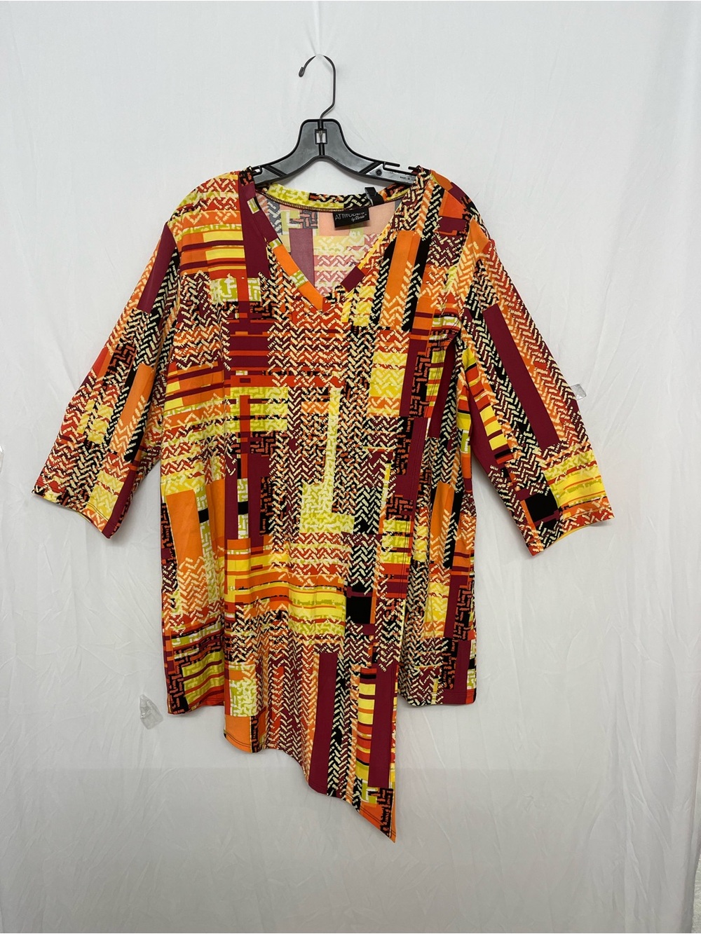 Attitudes by Renee Multicolor Geometric V-Neck Tunic (Red/Orange/Yellow)